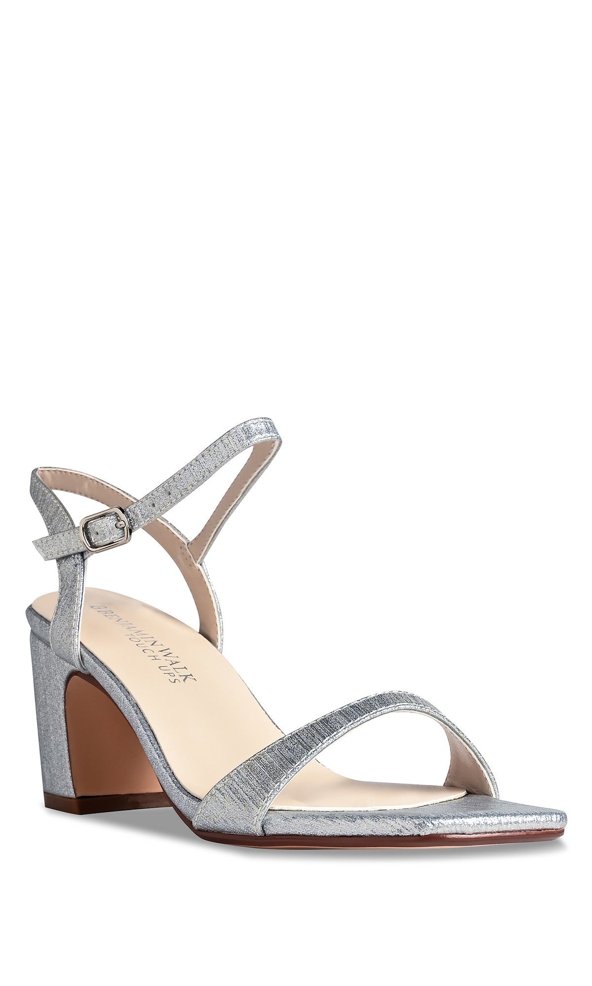 True Silver Prom Shoes: Touch Ups 4768—these silver open-toe sandals feature a mid-height block heel, ankle strap, and buckle closure, shown on a white background.